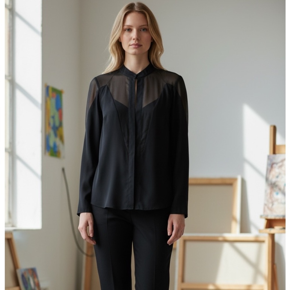 BIBHU MOHAPATRA BLACK SILK SHEER ROMANTIC GOTH COCKTAIL CLUB BLOUSE EUC 8
